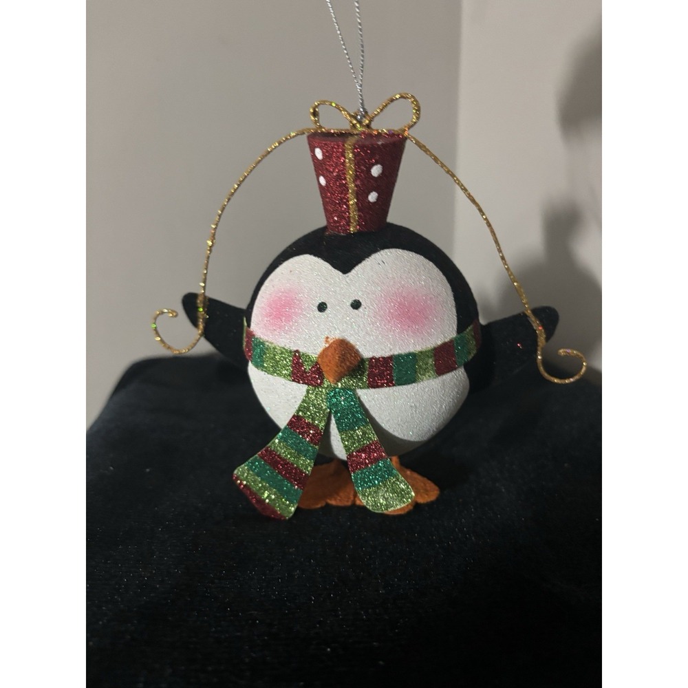 Pier 1 Imports 6" x 5" Glitter Penguin Ball Christmas Tree Ornament - Vintage